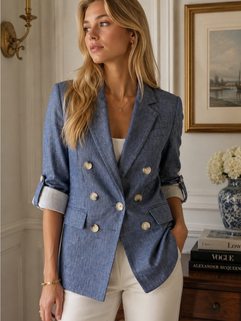 Veronica Beard kelson Linen Double Breasted Roll Sleeve Blazer 36983